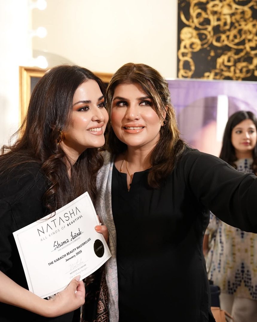 Shama with her certificate from The Karachi Beauty Masterclass by Natasha, January 2025